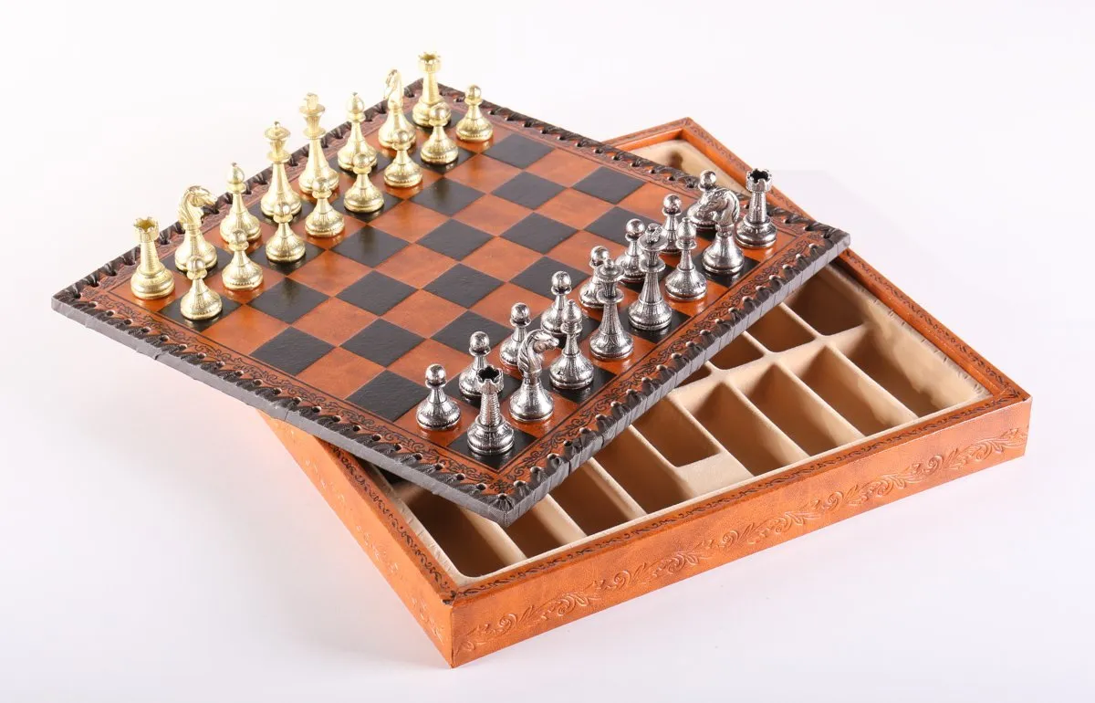 11" Florentine Chess Set on Leatherette Cabinet Board