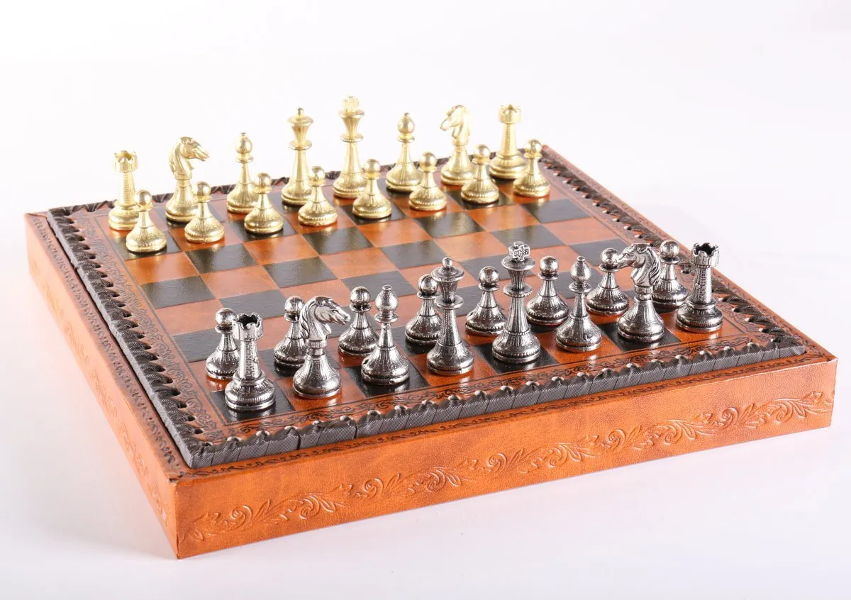 11" Florentine Chess Set on Leatherette Cabinet Board