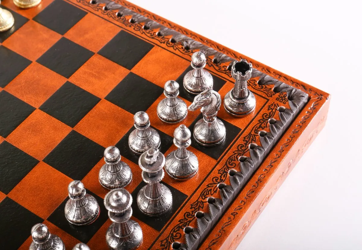 11" Florentine Chess Set on Leatherette Cabinet Board