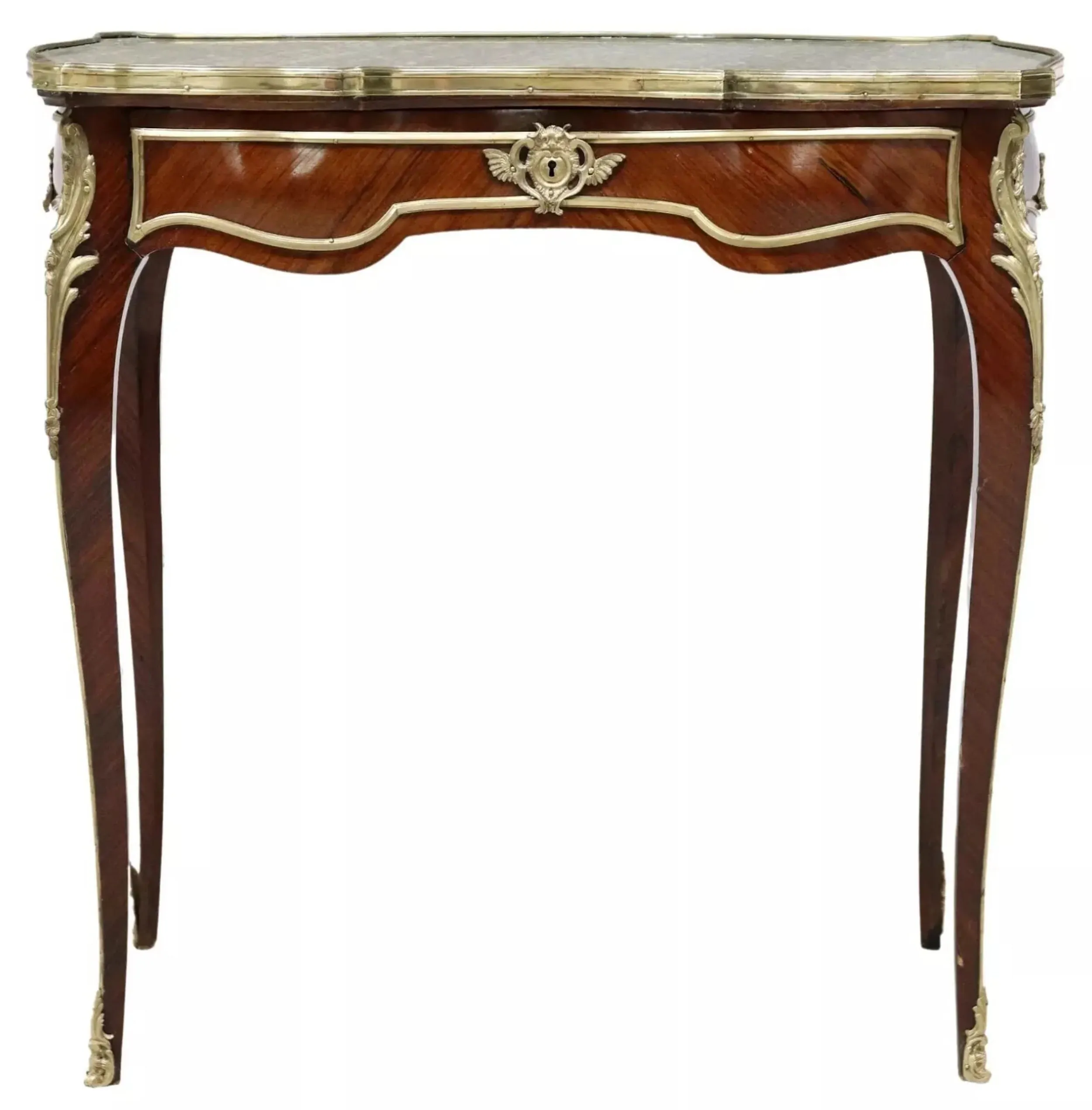 Antique Table, French Louis XV Style, Marble-Top, Gilt Metal Accents, 1800s!