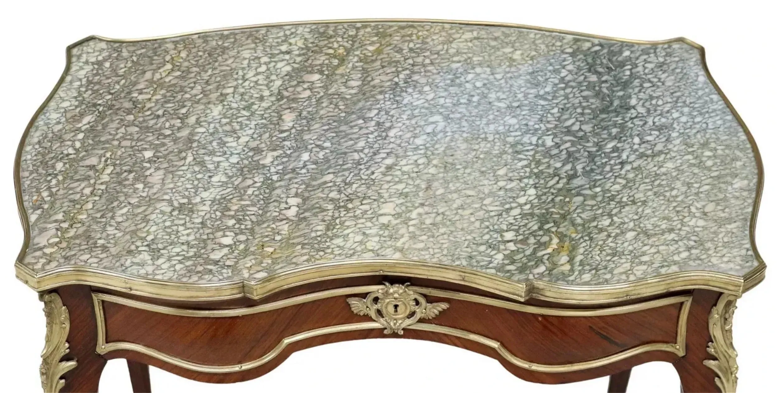 Antique Table, French Louis XV Style, Marble-Top, Gilt Metal Accents, 1800s!