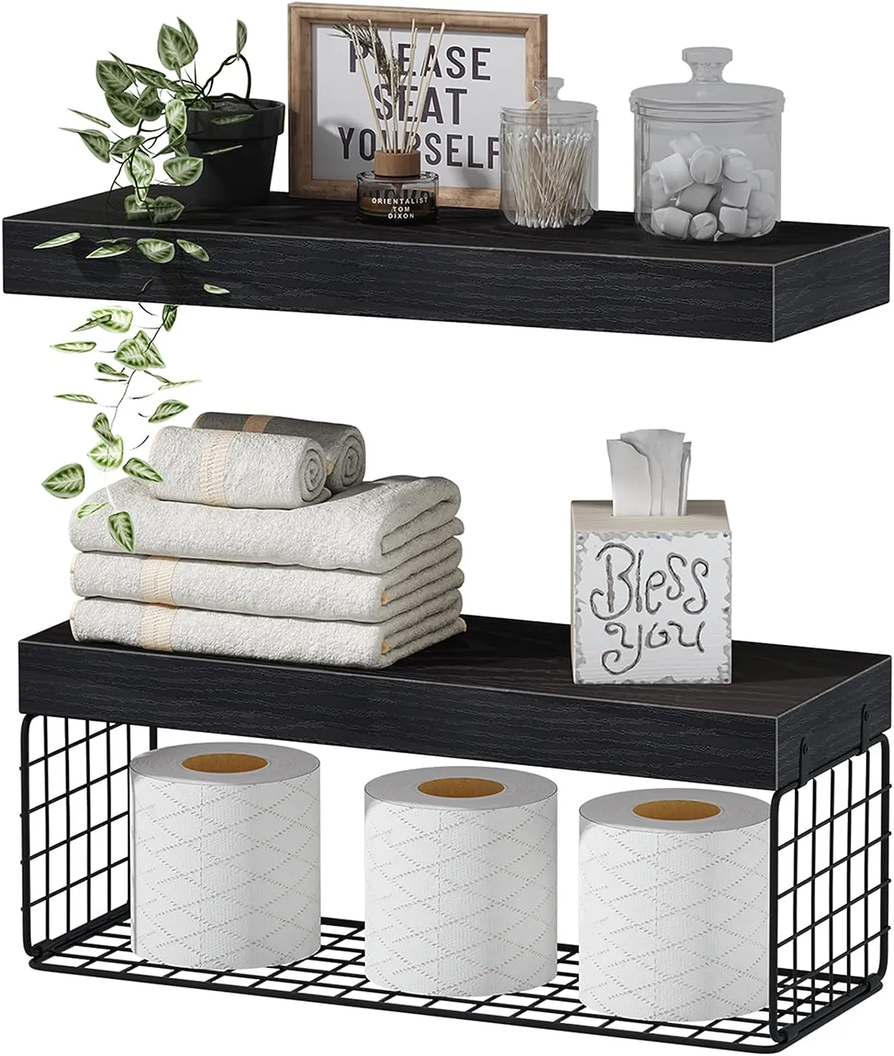 Bathroom Shelves Over Toilet Wall Mounted Floating Shelves Farmhouse Shelf Toilet Paper Holder Small 16-inch Set