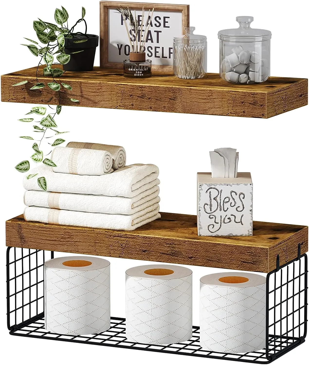 Bathroom Shelves Over Toilet Wall Mounted Floating Shelves Farmhouse Shelf Toilet Paper Holder Small 16-inch Set