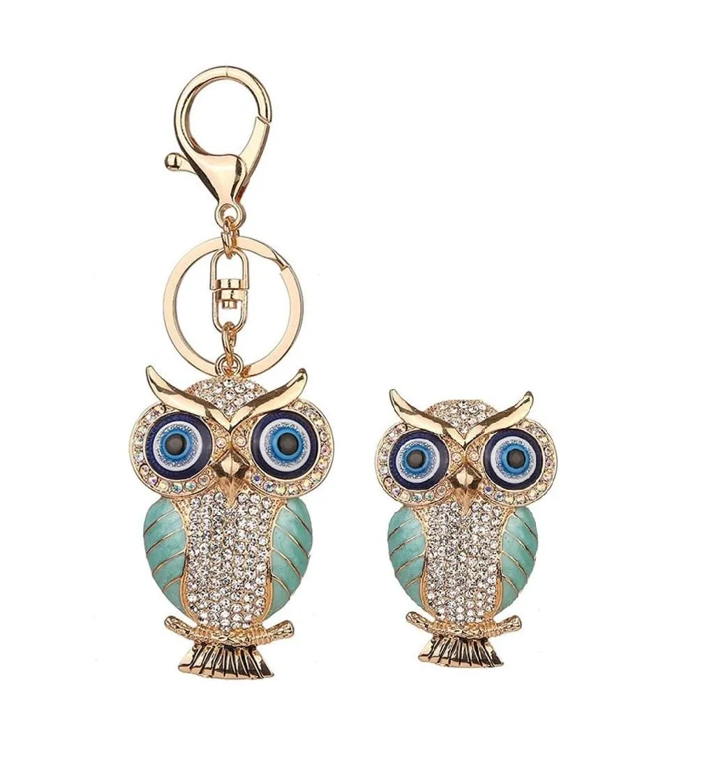 BLUE BEADS Combo Gold with Evil Eye Crystal Rhinestone Sparkling Owl Fridge Magnet and Keychain Handbag Charm for Women (Turquoise)