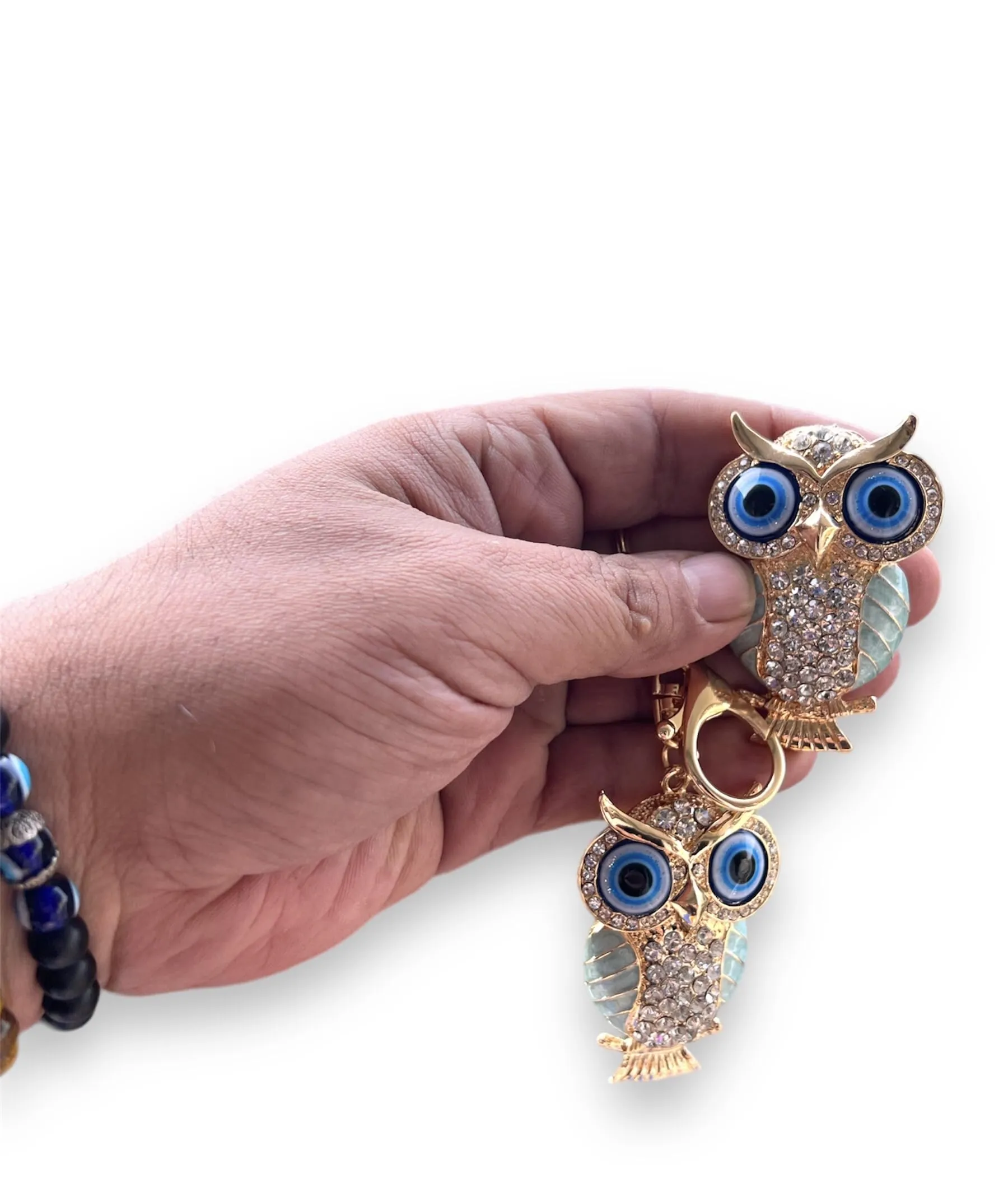 BLUE BEADS Combo Gold with Evil Eye Crystal Rhinestone Sparkling Owl Fridge Magnet and Keychain Handbag Charm for Women (Turquoise)