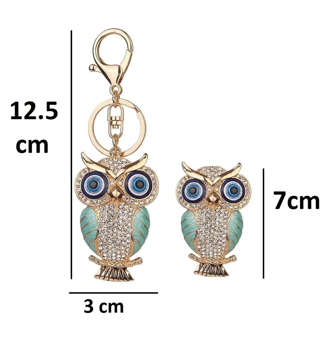 BLUE BEADS Combo Gold with Evil Eye Crystal Rhinestone Sparkling Owl Fridge Magnet and Keychain Handbag Charm for Women (Turquoise)