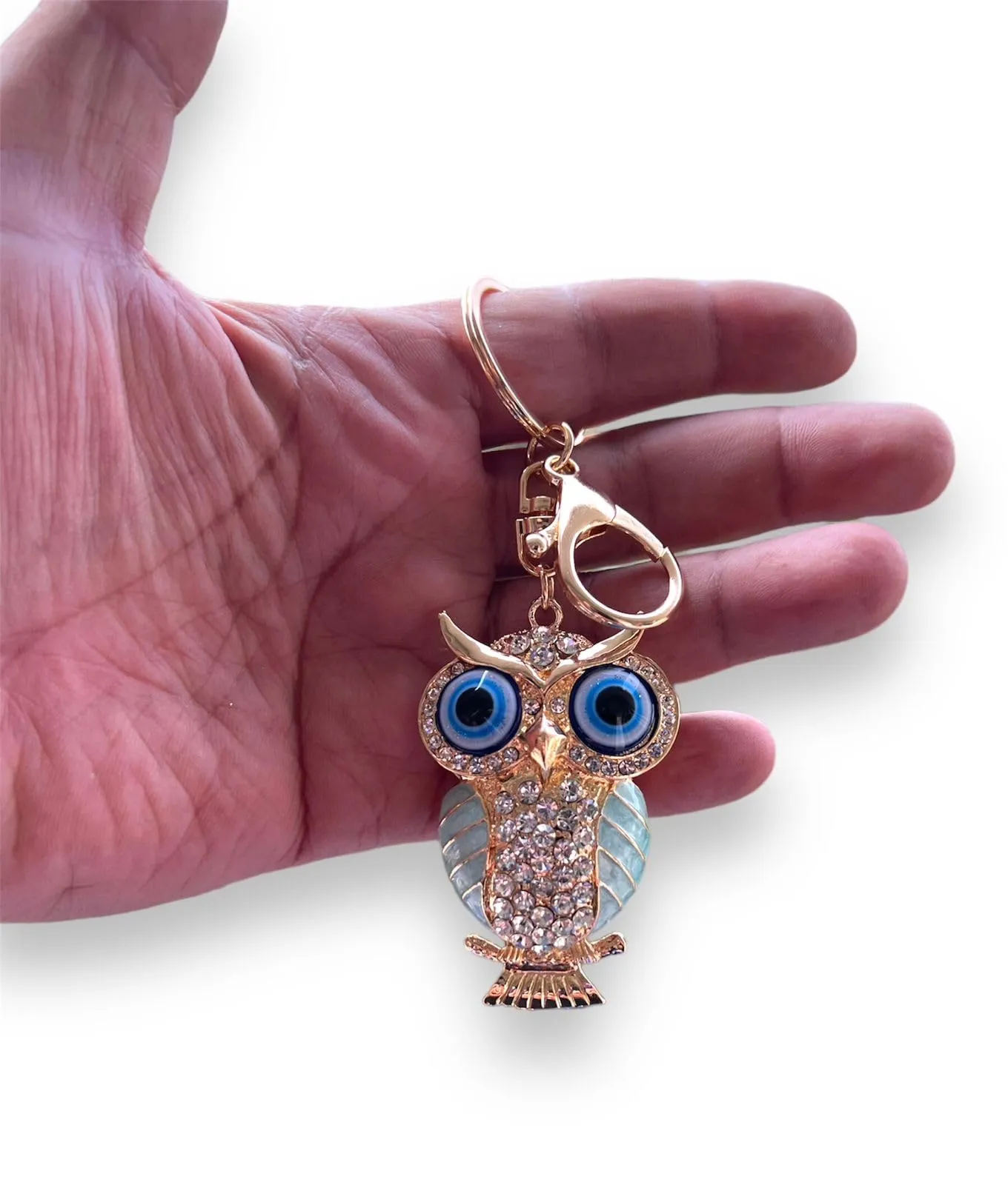 BLUE BEADS Combo Gold with Evil Eye Crystal Rhinestone Sparkling Owl Fridge Magnet and Keychain Handbag Charm for Women (Turquoise)