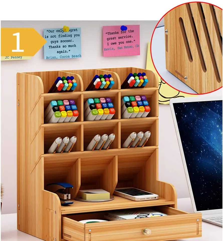 Classic Wooden Stationery Organizer - 12 Grid With Draw