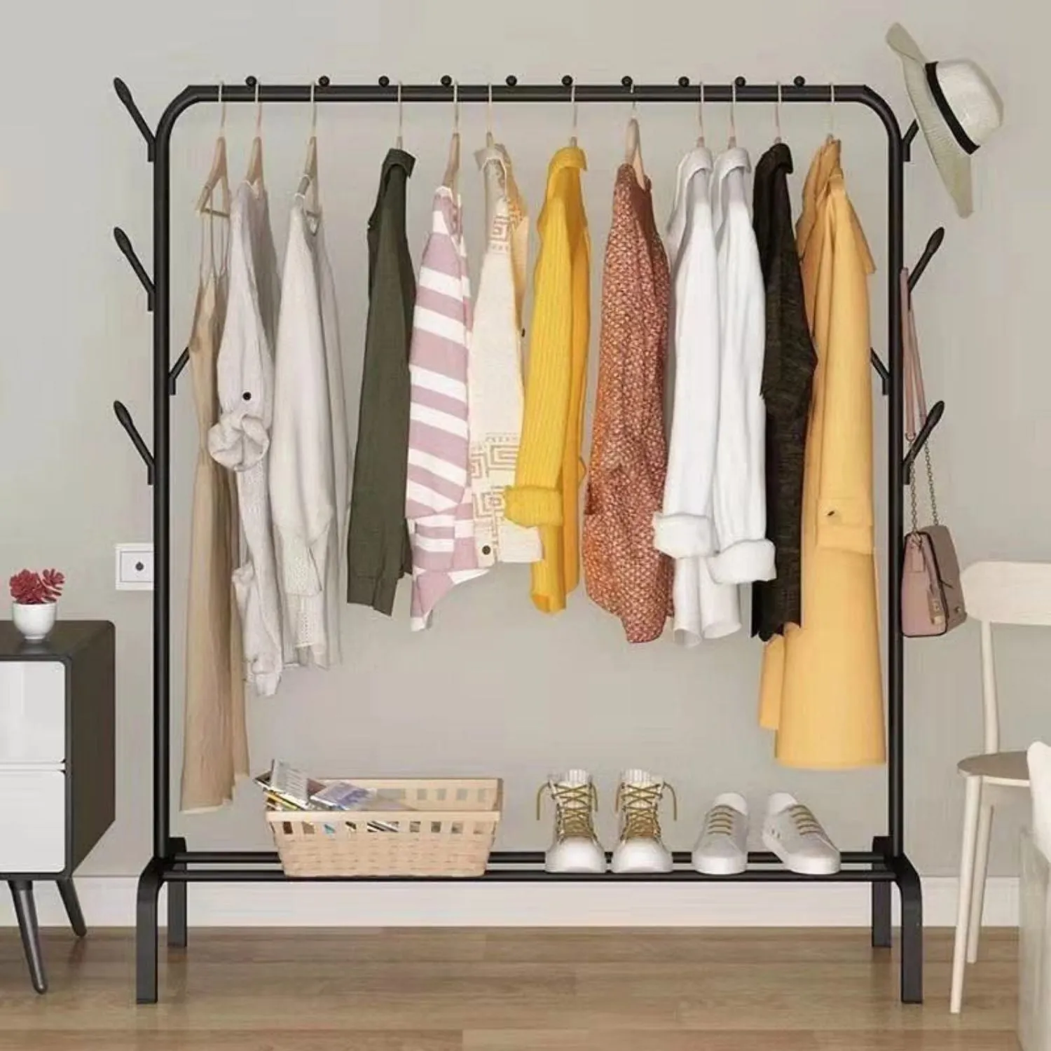 Durable Black Carbon Steel Clothing Rack with Shelf & Anti-Slip