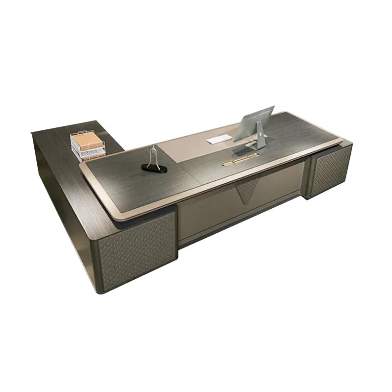 Gray Luxury Executive Desk Presidential Desk with Side Cabinet Wiring Hole Dial Lock with Drawer Customizable LBZ-1092