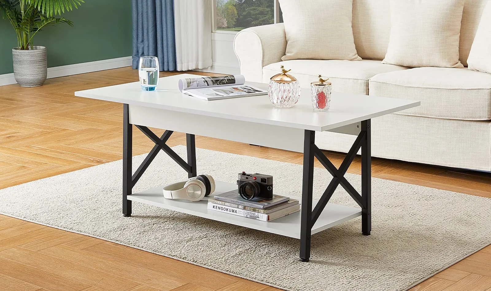 GreenForest Coffee Table Farmhouse Rustic with Storage Shelf for Living Room 43.3 x 23.6 inch, Easy Assembly, White