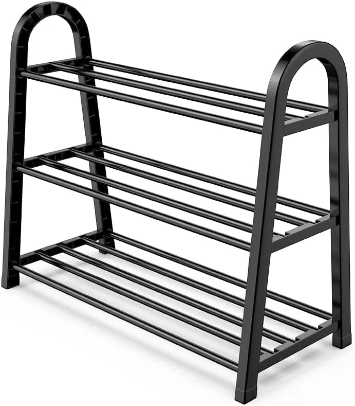 INDIAN DECOR 415602 Shoe Rack Stackable 3-Tier Metal Storage Organizer Free Standing Shoe Shelf for Entryway, Bathroom, Balcony, Kitchen, High Heels, Slippers, Black