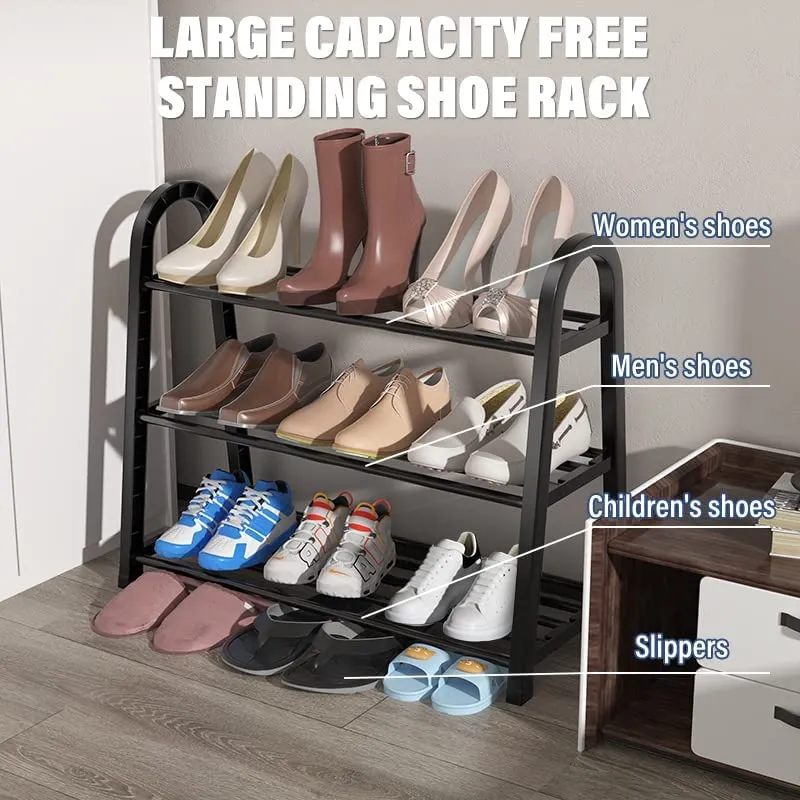 INDIAN DECOR 415602 Shoe Rack Stackable 3-Tier Metal Storage Organizer Free Standing Shoe Shelf for Entryway, Bathroom, Balcony, Kitchen, High Heels, Slippers, Black