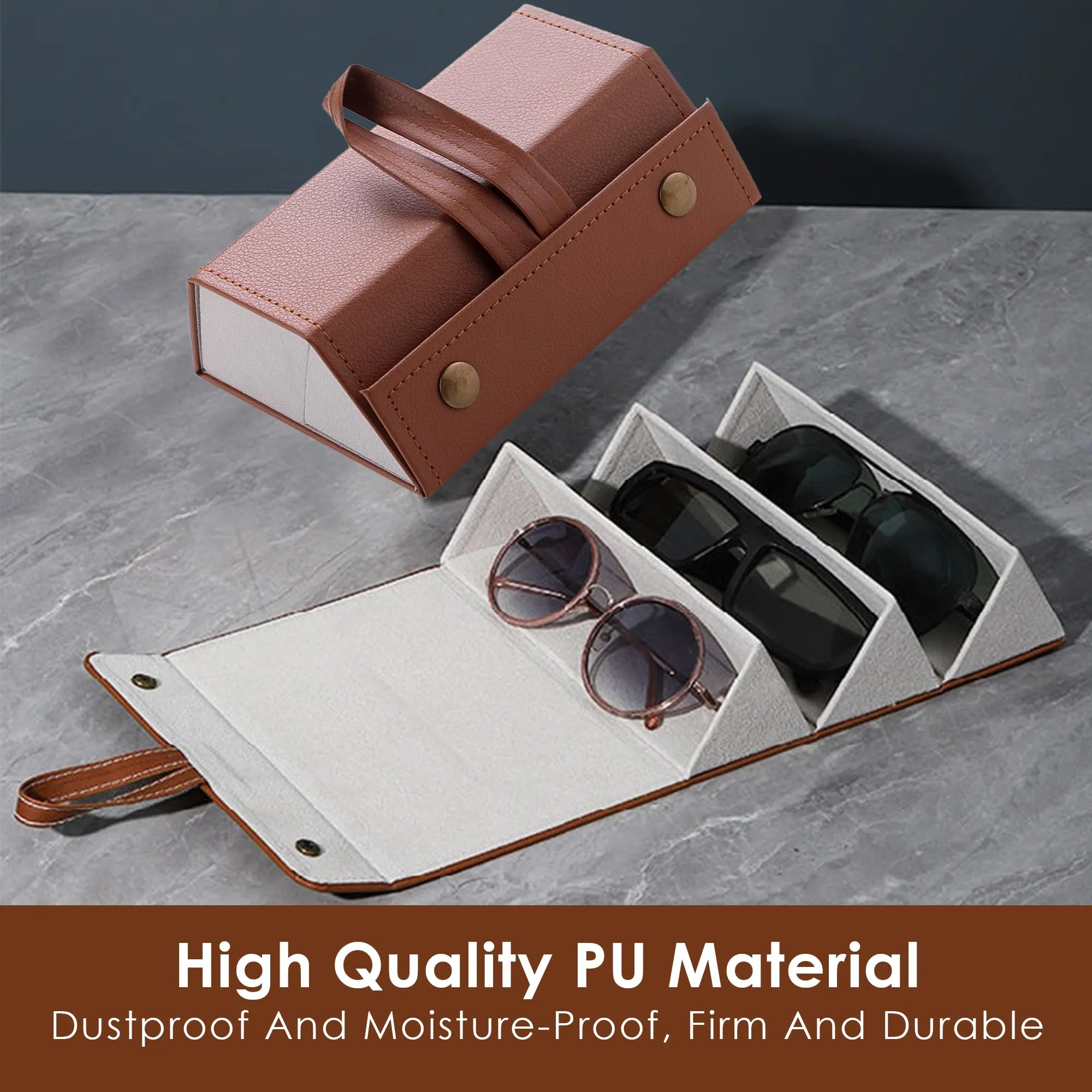 Kuber Industries 3 Slots Sunglasses Organizer | Hanging And Foldable Eyeglasses Case | Eyewear Display Containers For Women And Men | PU Leather Goggles Organizer Box Case | Brown | Pack of 3