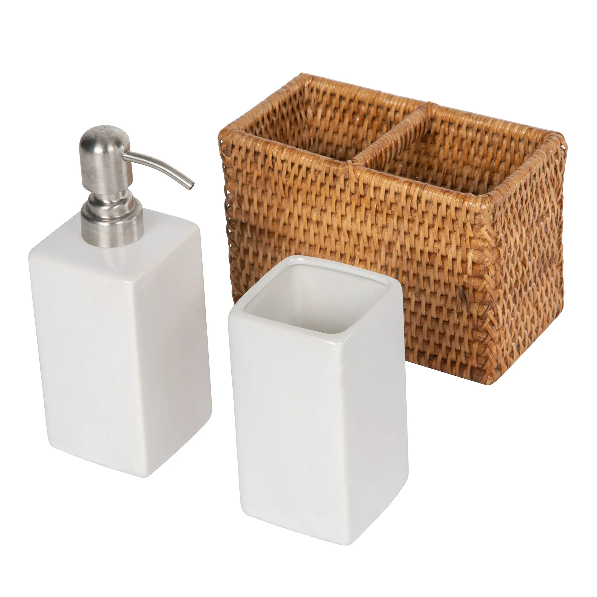 La Jolla Rattan Soap Dispenser and Tumbler and Tootbrush Holder Set