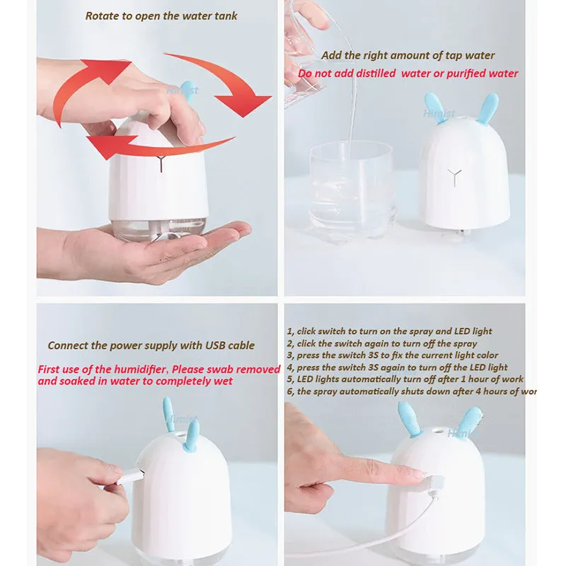 Lovely Rabbit Air Humidifier USB Aroma Diffuser with LED Lamp