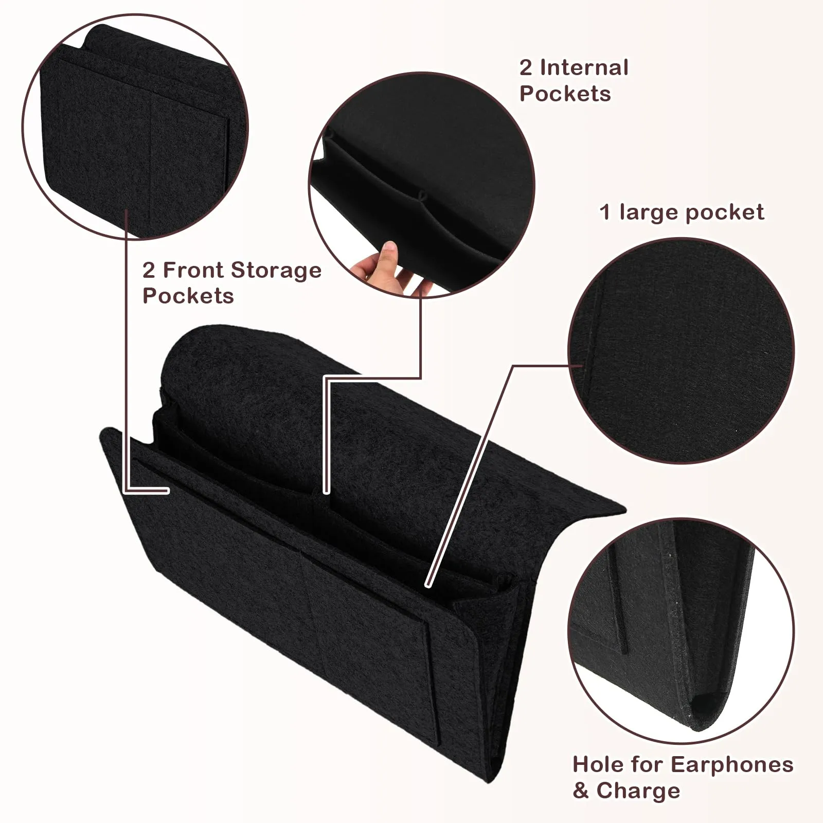 Multipurpose Felt Bedside Caddy Organizer-Black, Holds 10kg