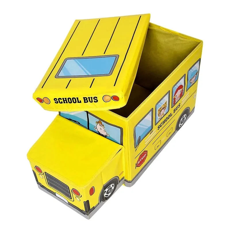 Portable Folding School Bus Laundry Orgainzer Cum Sitting Stool for Kid Toys, Games, Books Yellow Storage Box Multipurpose Uses