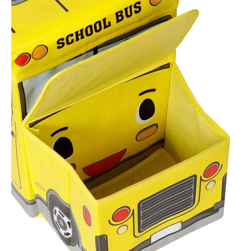 Portable Folding School Bus Laundry Orgainzer Cum Sitting Stool for Kid Toys, Games, Books Yellow Storage Box Multipurpose Uses