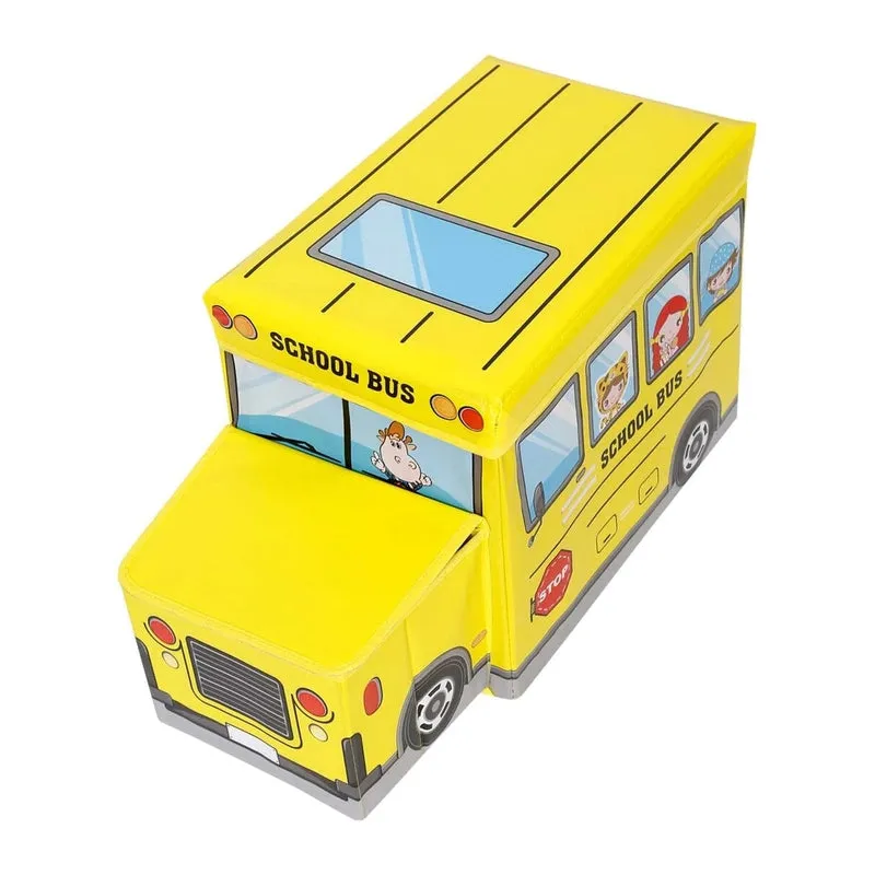 Portable Folding School Bus Laundry Orgainzer Cum Sitting Stool for Kid Toys, Games, Books Yellow Storage Box Multipurpose Uses