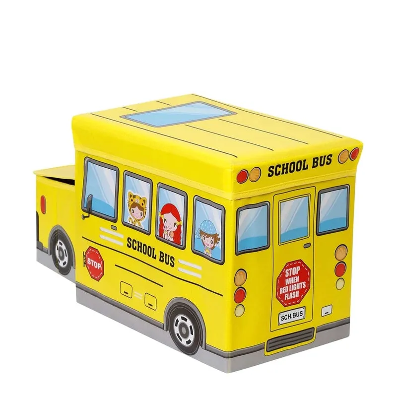 Portable Folding School Bus Laundry Orgainzer Cum Sitting Stool for Kid Toys, Games, Books Yellow Storage Box Multipurpose Uses