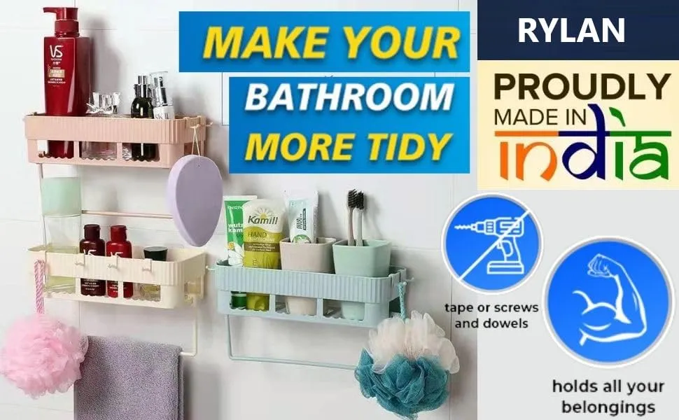 Rylan Bathroom Accessories 2 Pack, Bathroom Organizer, Bathroom Rack, Bathroom Shelf for Wall, Bathroom Stand, self Adhesive Bathroom Shelf, washroom Accessories, Bathroom Racks and Shelves