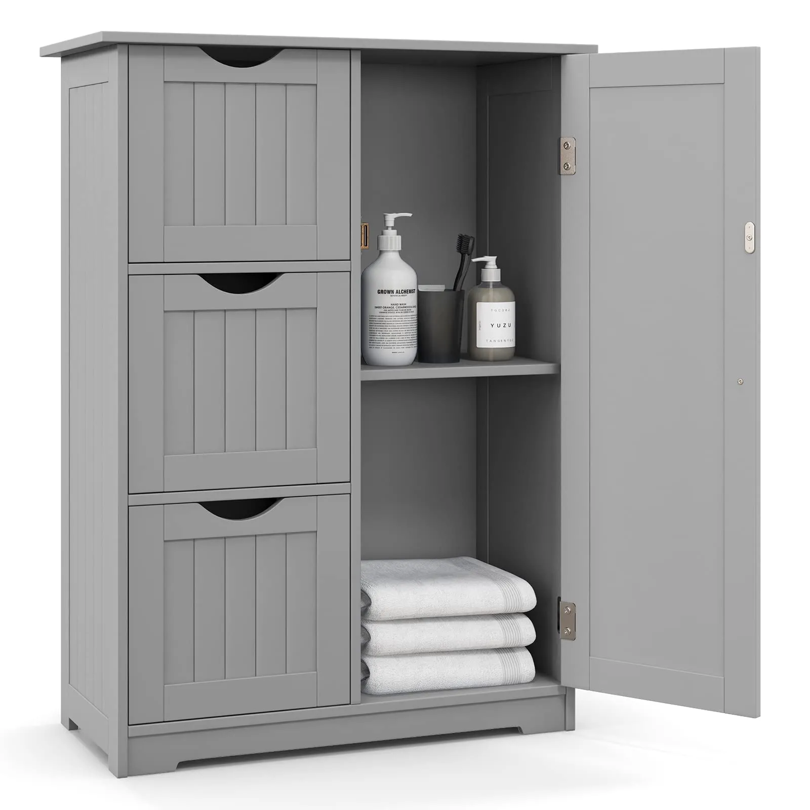 Tangkula Bathroom Floor Cabinet, Freestanding Side Storage Cabinet w/ 3 Drawers & 1 Cupboard