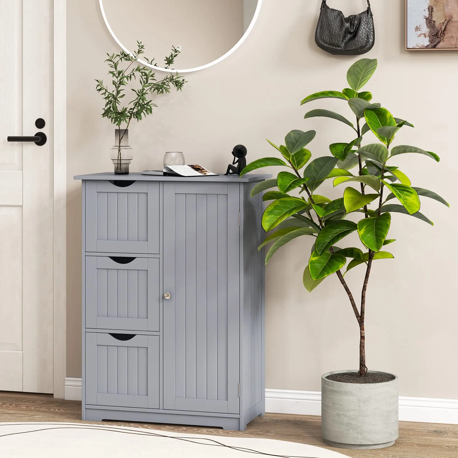 Tangkula Bathroom Floor Cabinet, Freestanding Side Storage Cabinet w/ 3 Drawers & 1 Cupboard