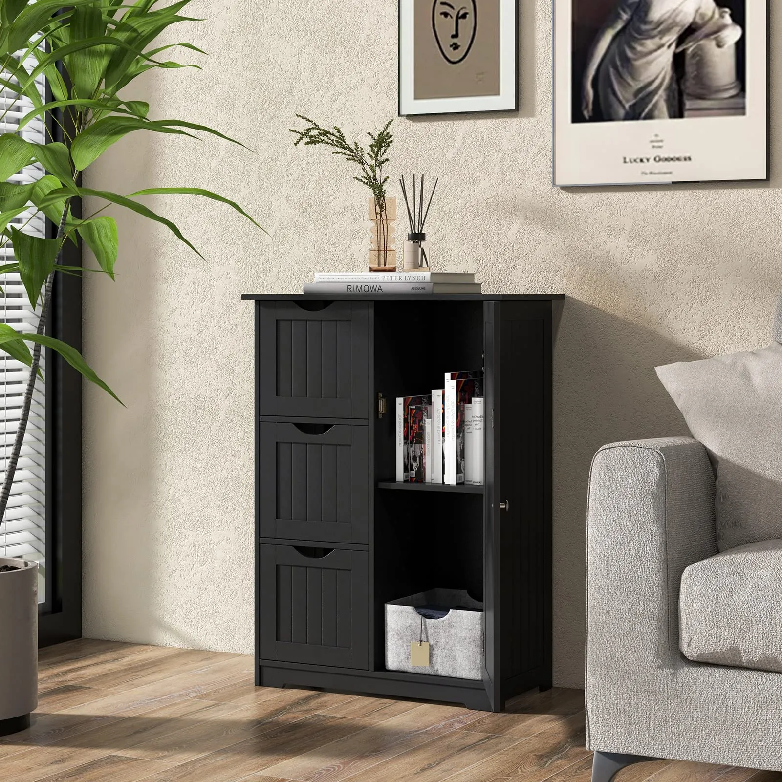 Tangkula Bathroom Floor Cabinet, Freestanding Side Storage Cabinet w/ 3 Drawers & 1 Cupboard