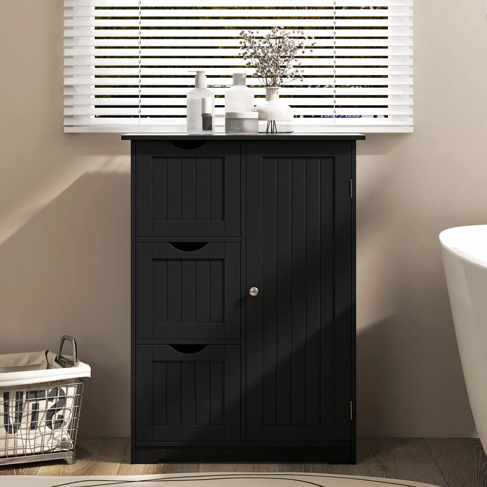 Tangkula Bathroom Floor Cabinet, Freestanding Side Storage Cabinet w/ 3 Drawers & 1 Cupboard