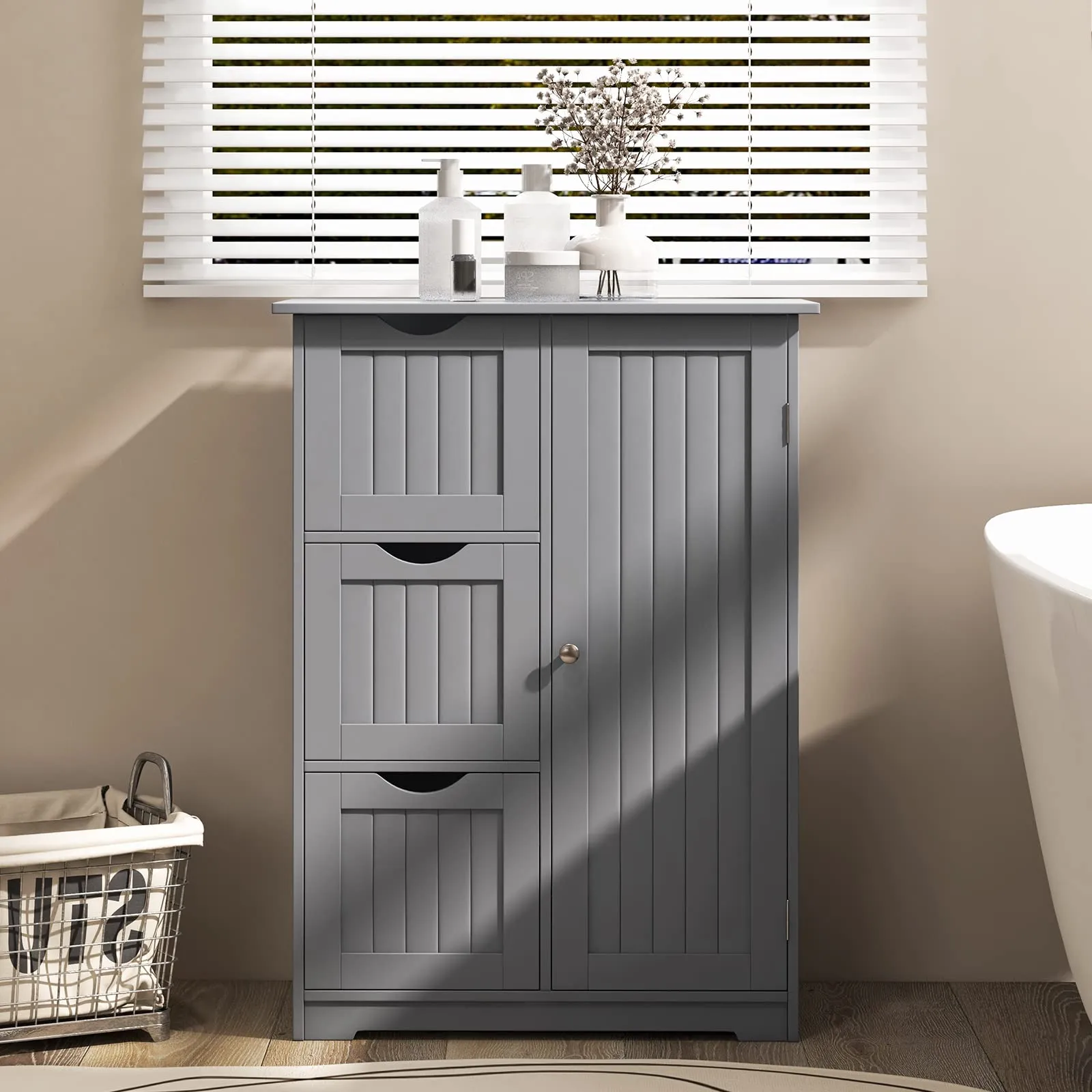 Tangkula Bathroom Floor Cabinet, Freestanding Side Storage Cabinet w/ 3 Drawers & 1 Cupboard