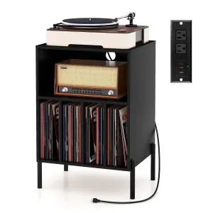 Tangkula Record Player Stand, Turntable Side Table Nightstand w/ Charging Station(Black, 31" H)