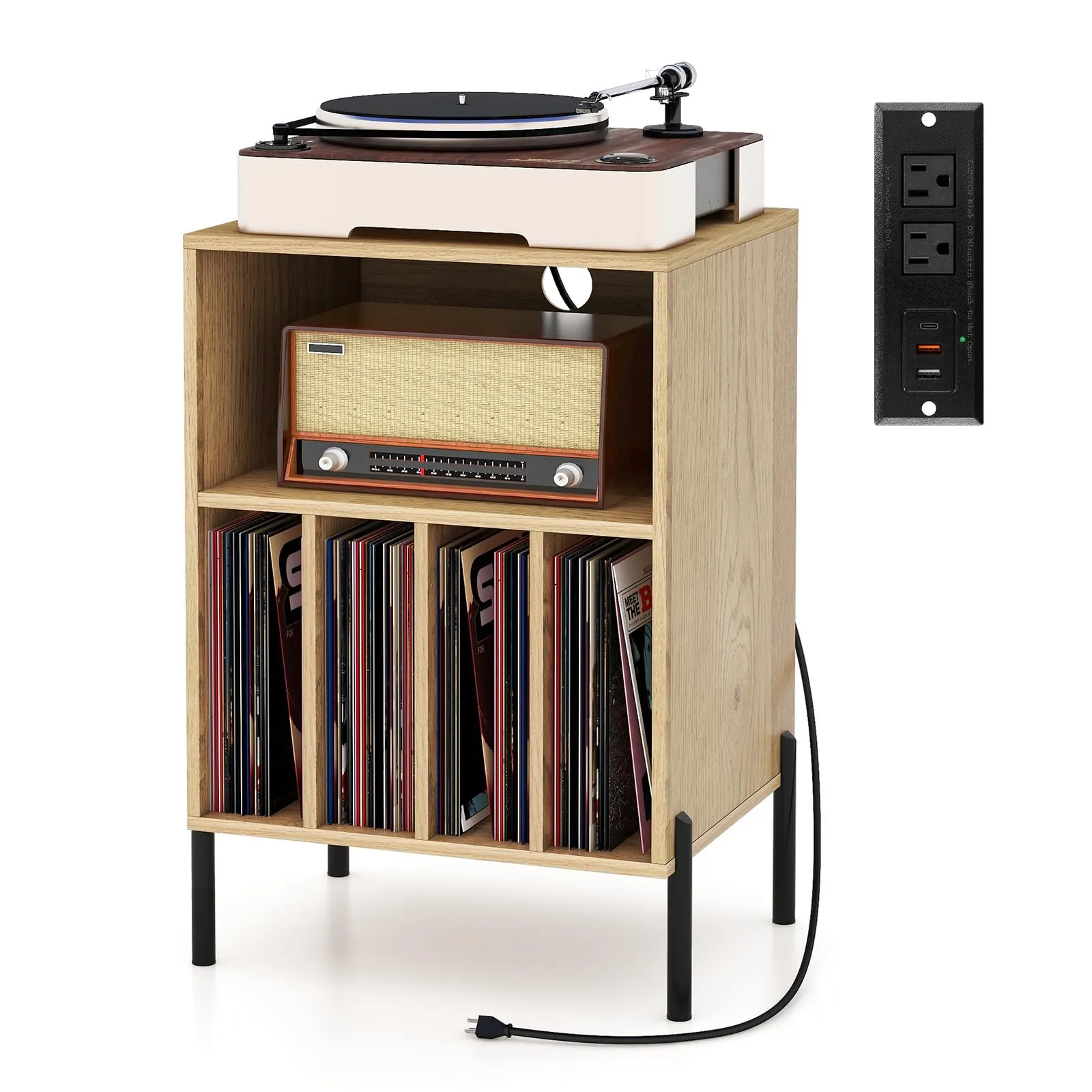 Tangkula Record Player Stand, Turntable Side Table Nightstand w/ Charging Station(Black, 31" H)