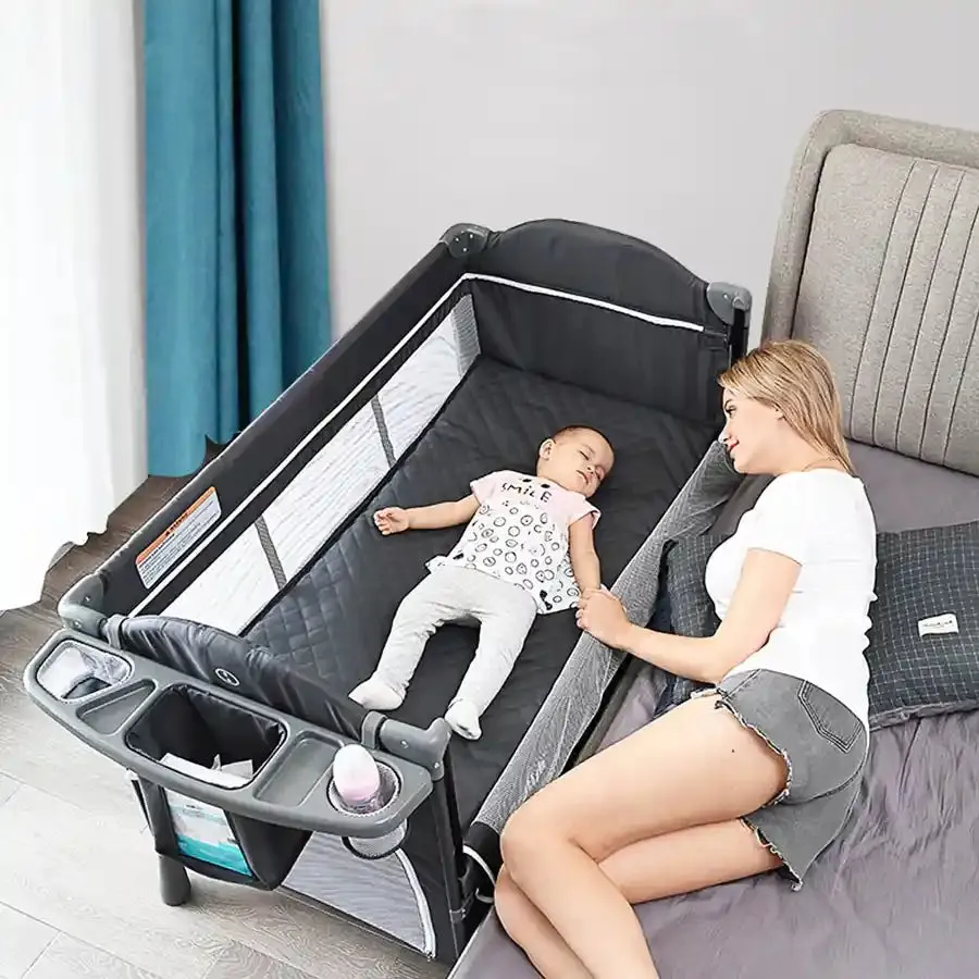 Teknum 4 in 1 Baby Bedside Co-Sleeper Bassinet/Crib and Playpen Wt Rocker (Grey)