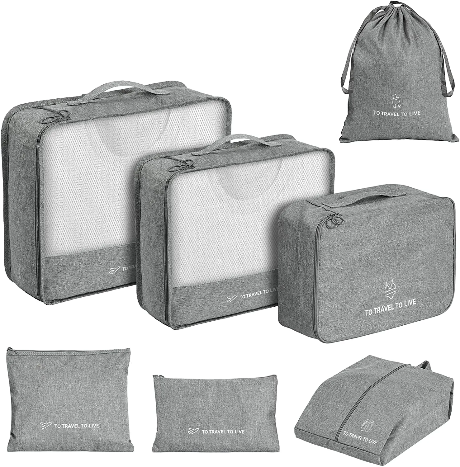 Travel Storage Luggage Organizer Pouch Set of 7-Gray