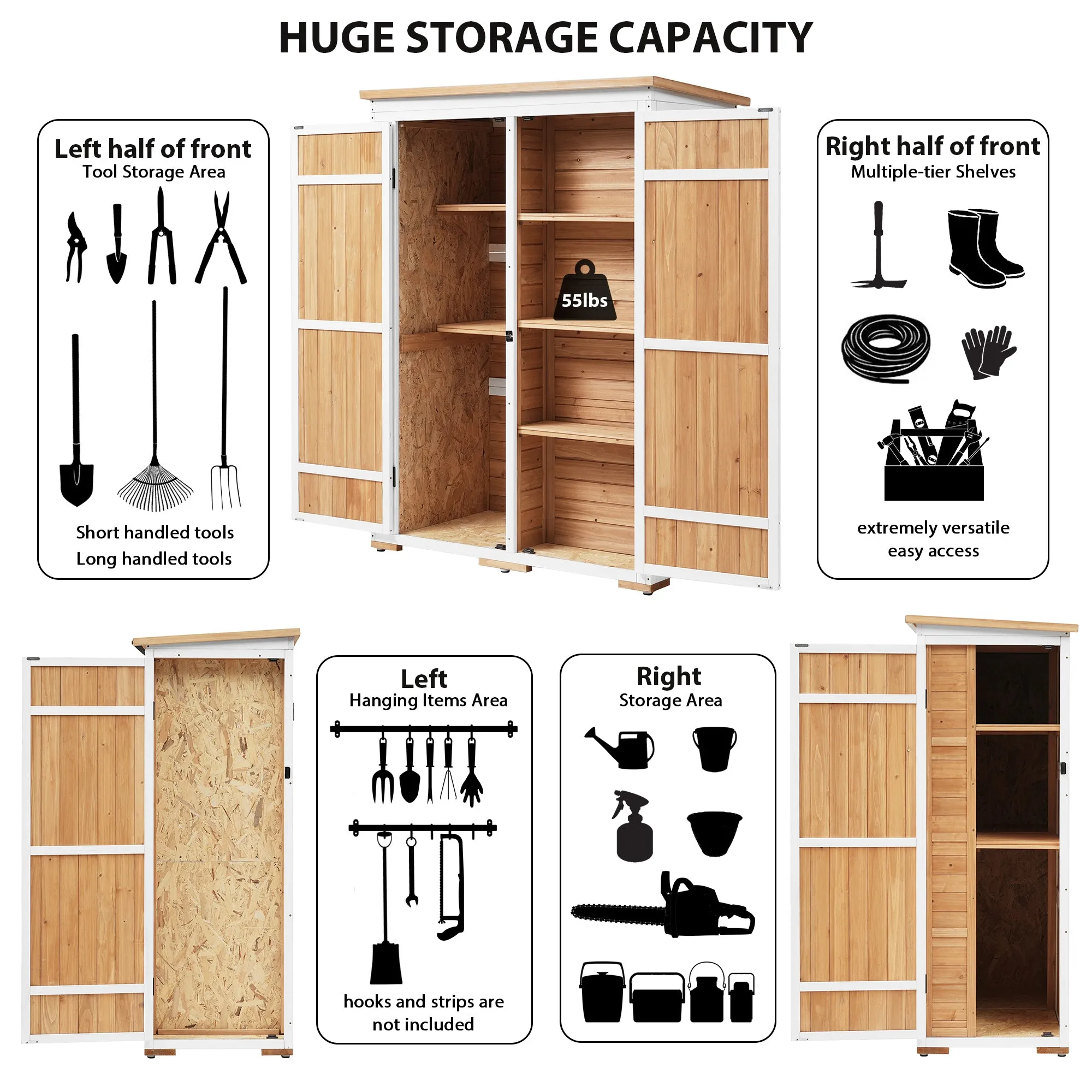 [Video Provided] TOPMAX Outdoor 5.5ft Hx4.1ft L Wood Storage Shed, Garden Tool Cabinet with Waterproof Asphalt Roof, Four Lockable Doors, Multiple-tier Shelves, Natural