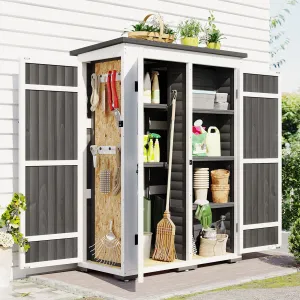 [Video Provided] TOPMAX Outdoor 5.5ft Hx4.1ft L Wood Storage Shed, Garden Tool Cabinet with Waterproof Asphalt Roof, Four Lockable Doors, Multiple-tier Shelves, White and Gray