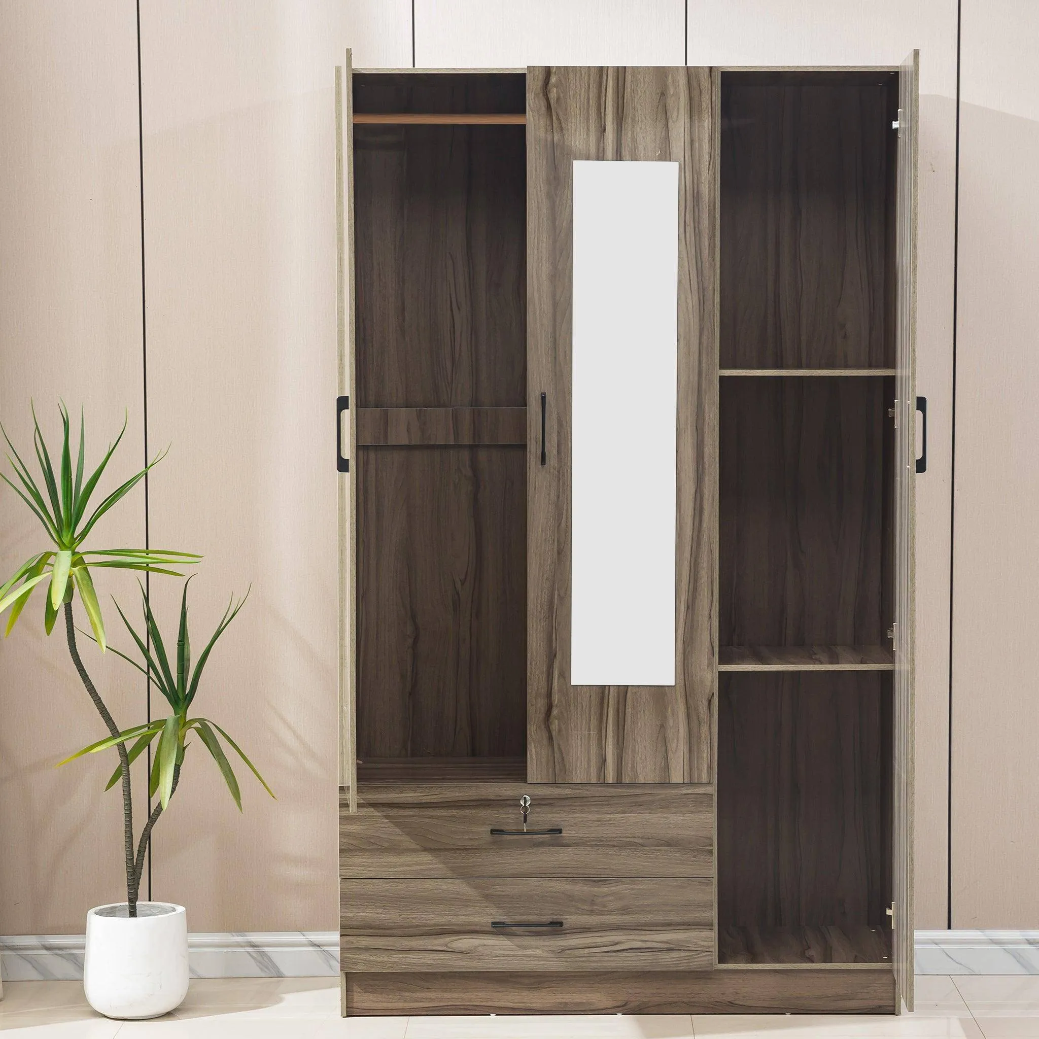 Wood Wardrobe with Mirror-WD-201