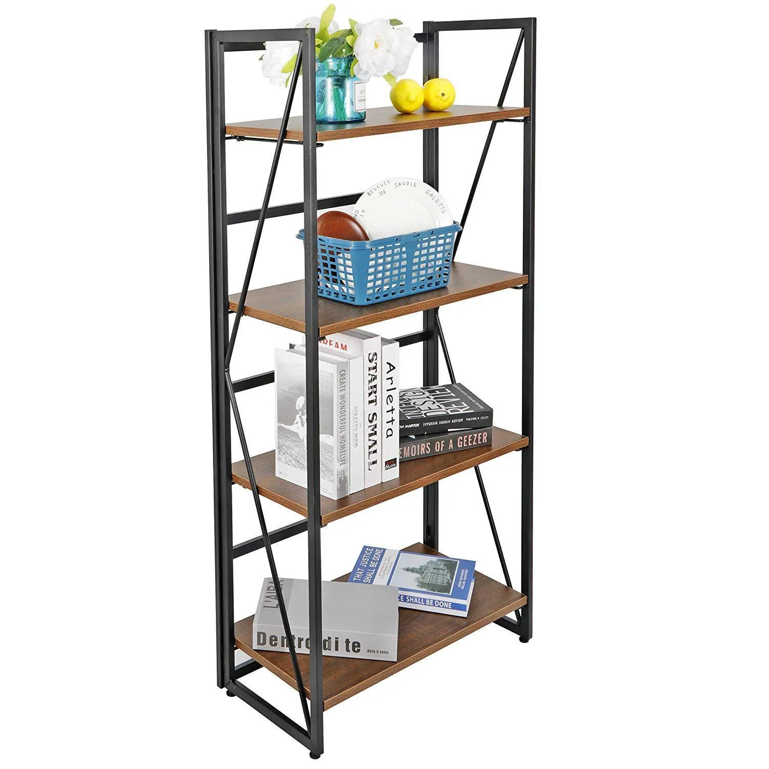 ZENY™ Folding-Bookshelf Storage Shelves 4 Tiers Bookcase Home Office Cabinet Industrial Standing Racks Study Organizer